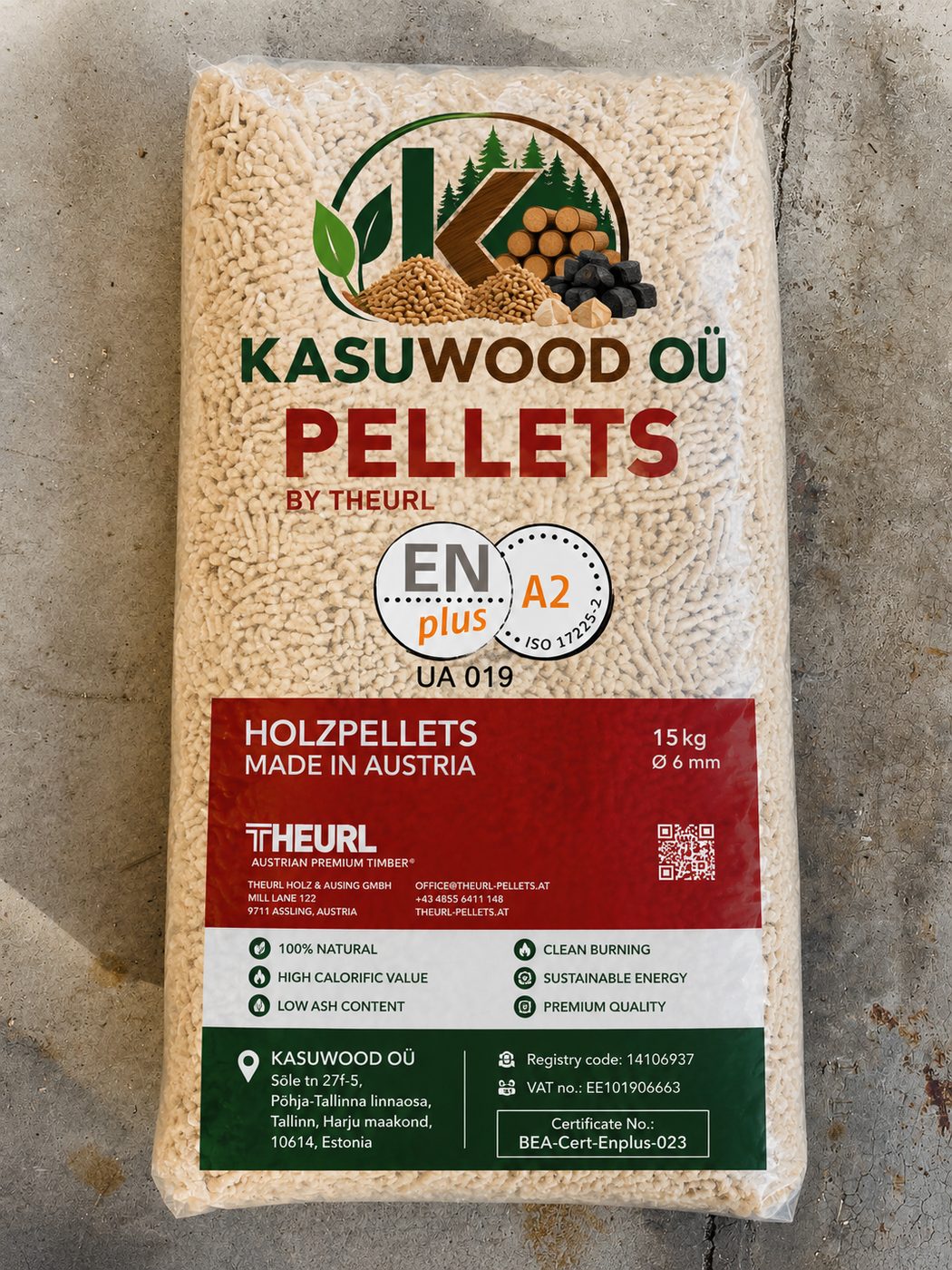 ENplus A2 wood pellets, KASUWOOD OÜ x Theurl, 15kg bags palletized